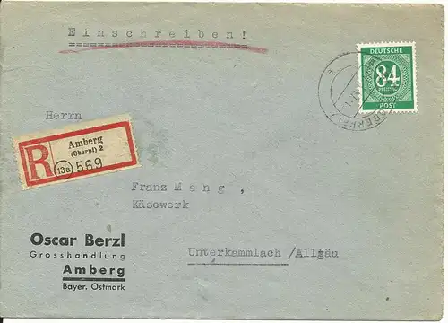 1947, 84 Pf. auf 13a Firmen Einschreiben Brief v. Amberg