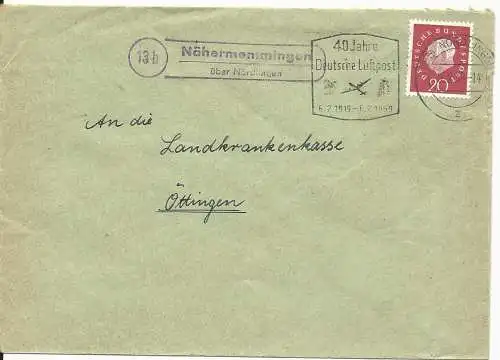 BRD 1959, Landpost Stpl. 13b Nähermemmingen über Nördlingen auf Brief m. 20 Pf. 