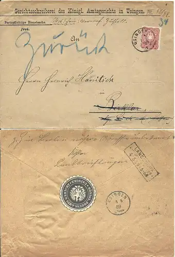 DR 1889, 10 Pf. auf Dienstsache Brief v. Usingen m. rücks. Verschluss Etikett