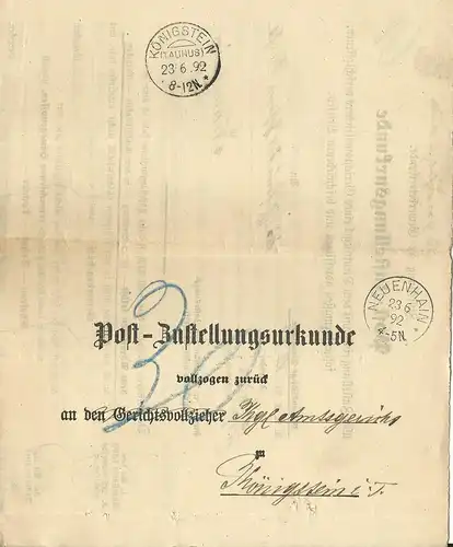 DR 1892, Post Zustellungsurkunde m. Stempel Neuenhain
