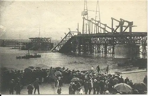 Köln, Bau der eingestürzten Südbrücke, 1908 gebr. sw Foto AK 