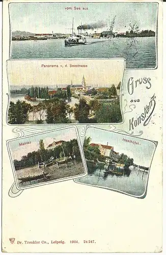 Gruss aus Konstanz ,1906 gebr. Mehrbild Litho AK m. Insel Hotel.