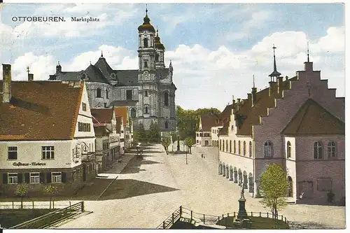 Ottobeuren, Marktplatz m. Gasthaus Mohren, 1929 gebr. Farb AK.