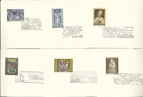 Österreich Christkindl 1970/75, 6 versch. Stempel auf Post Glückwunschkarten.