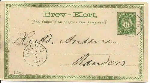 Norwegen P5, 6 öre Ganzsache, sauber gebr. 1878 v. Brevig n. Dänemark.