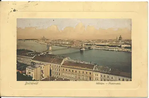 Ungarn, Budapest, 1910 gebr. Farb AK m. Rand-Prägung.
