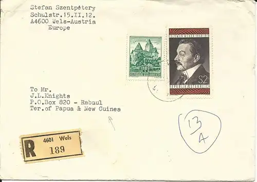 Österreich 1975, 10+2 S. auf Einschreiben Brief v. Wels n. Papua Neu Guinea!