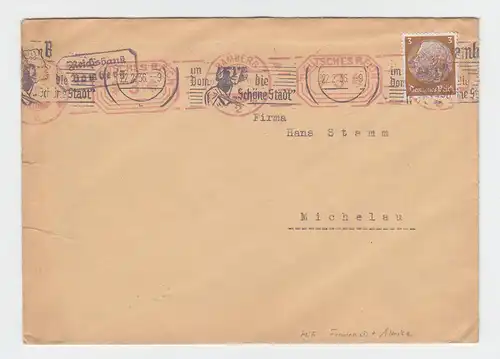 DR 1936, Mischfrankatur 3 Pf. Hindenburg+Franko Stpl. 3 Pf. auf Brief v. Bamberg
