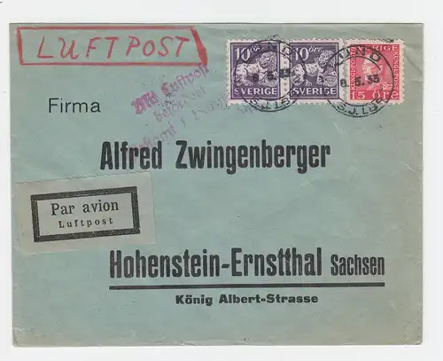 Schweden 1933, Luftpost Brief m.  dt. Bestätigungsstempel v. Hannover