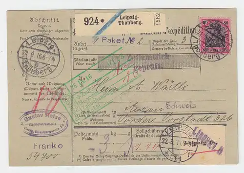 DR 1916, EF 80 Pf. Germania auf Paketkarte v. Leipzig Thonberg i.d. Schweiz