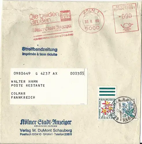 BRD 1980, Streifband Stadtanzeiger Köln m. Frankreich Porto Marken 