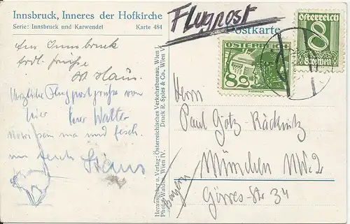 Österreich 1933, 8 G. + 8 G. Flugpost auf Karte v. Innsbruck n. Bayern.