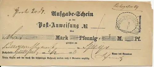 Bayern 1870, HKS GAUGREHWEILER auf Postschein f. Postanweisung