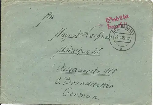 1945, Gebühr bezahlt Hof (Saale) auf Brief v. Schollenreuth Post Feilitzsch