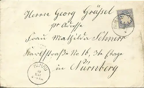 Bayern, K1 Rehau auf Brief m. 20 Pf. u. rs. viol. Verschluss Vignette