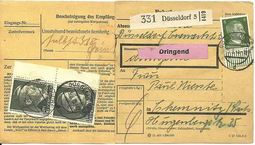 DR 1943, 5 Pf.vorder- u. Paar 1 Mk.rücks. auf Dringend Paketkarte v. Düsseldorf