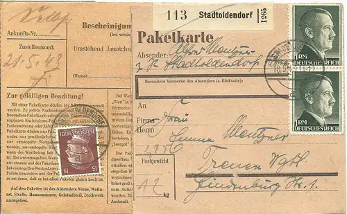 DR 1943, Paar 1 Mk. vorder- u. 15 Pf. rücks. auf Paketkarte v. Stadtoldendorf