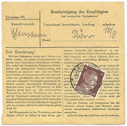 DR 1943, 1 Mk.+50 Pf. vs. + 25 Pf. rücks. auf Dringend Paketkarte v. Bad Saarow