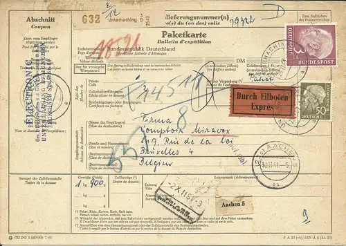 BRD 1961, 3 m.+50 Pf. Heuss auf Eilboten Paketkarte v. Unterhaching n. Belgien