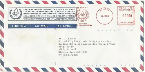 Österreich 1983, Freistpl. Atomic Energy Agency auf entspr. Vordruck Brief n. GB