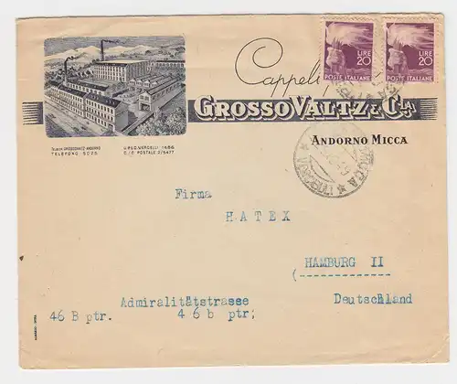 Italien 1949, illustrierter Reklame Brief m. 2x 20 L. v. Andorno Micca, Piemont