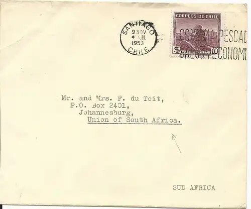 Chile 1953, EF 10 $ Dampflok auf Brief v. Santiago n. Südafrika.