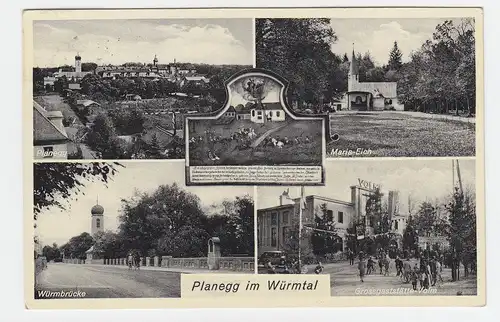 Planegg im Würmtal, 1935 gebr. Mehrbild sw-AK m. Gaststätte Volm