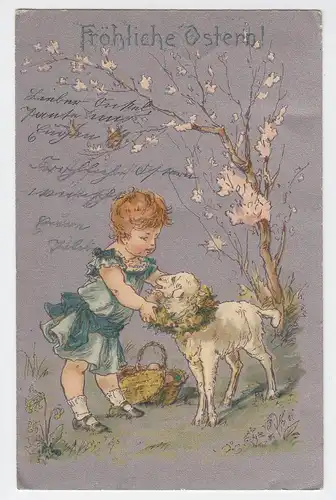 Fröhliche Ostern m. Kind, Eierkorb u. Osterlamm, 1904 gebr. Farb AK