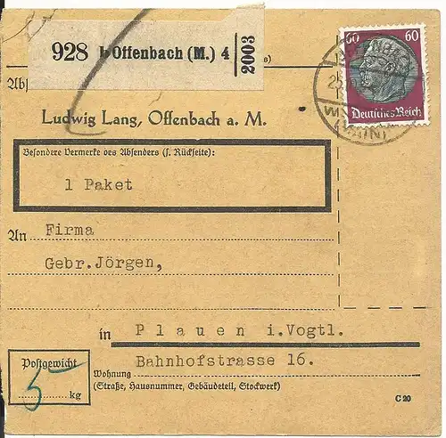 DR 1941, EF 60 Pf. auf Paketkarte v. Offenbach n. Plauen.