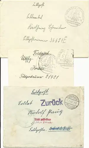 Feldpost WK II 1939/42, 3 Brief v. Usingen, 1mal "Zurück", "Nicht zustellbar.."
