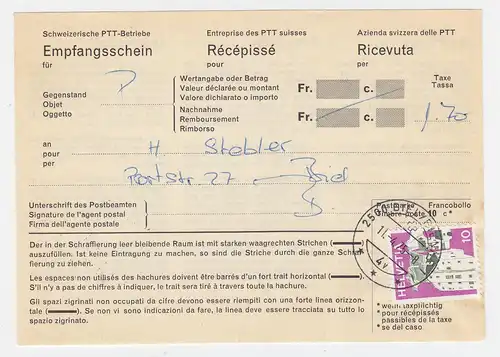 Schweiz 1975, 10 C. auf Recepisse f. Nachnahme Sendung innerhalb BIEL