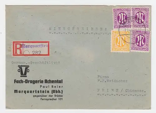 AM Post 1946, 6+3x12 Pf. auf portorichtigem Einschreiben Brief v. Marquartstein