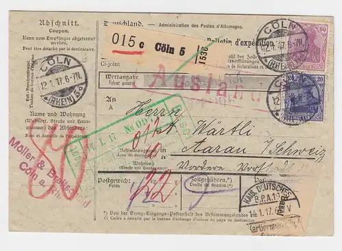DR 1917, 20+60 Pf. auf Auslands Paketkarte v. Köln i.d. Schweiz