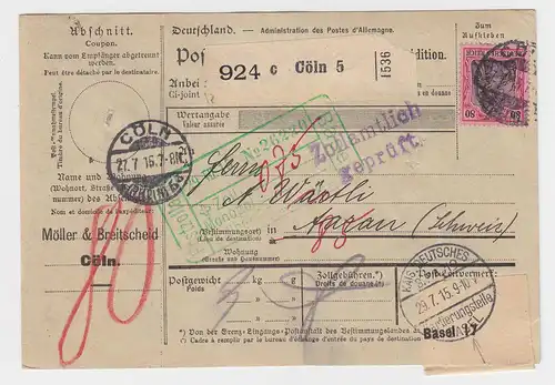 DR 1915, 80 Pf. Germania auf Auslands Paketkarte v. Köln i.d. Schweiz