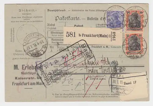 DR 1919, 20+2x30 Pf. Germania auf Auslands Paketkarte v. Frankfurt i.d. Schweiz