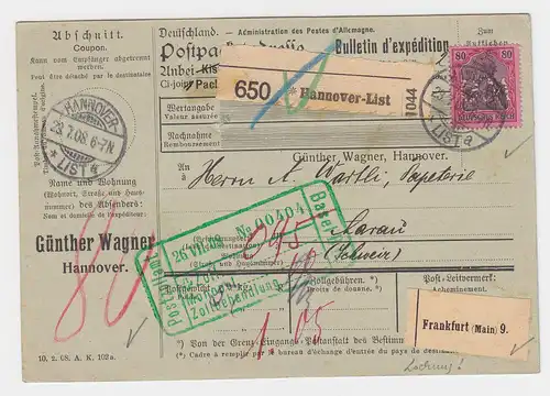 DR 1908, 80 Pf Germania m. perfin auf Paketkarte v. Hannover List i.d. Schweiz