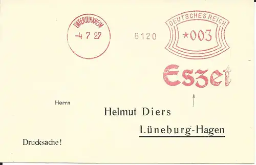 DR 1927, Maschinen Freistempel Eszet Untertürkheim auf Blanco Karte