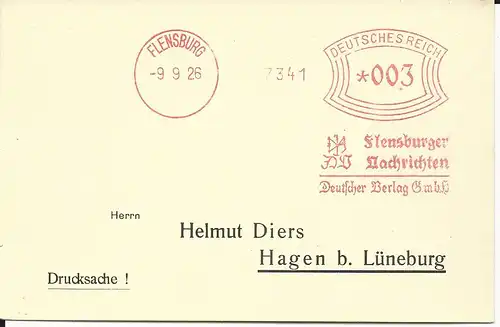 DR 1927, Maschinen Freistempel Flensburg Nachrichten auf Blanco Karte