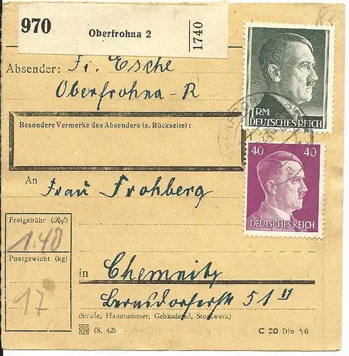 DR 1943, 1 Mk.+40 Pf. auf Paketkarte v. Oberfrohna
