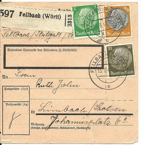 DR 1941, 5+30+100 Pf. auf Paketkarte v. Fellbach