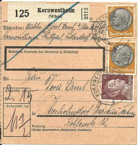 DR 1942, 15+2x100 Pf. auf Paketkarte v. Kornwestheim