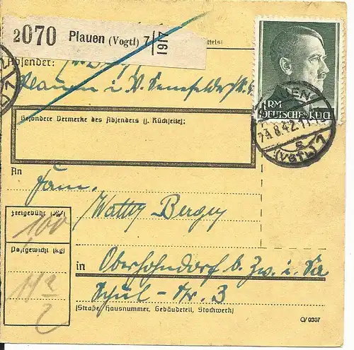 DR 1942, EF 1 Mk. auf Paketkarte v. Plauen.