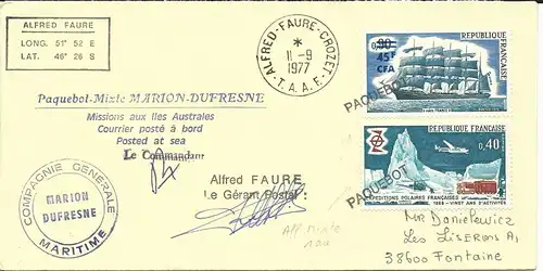 Antarktis u. Frankreich Schiffspost Mischfrankatur auf Polar Brief m. 5 Stempeln