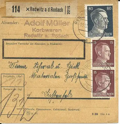 DR 1942, 80+Paar 15 Pf. auf Paketkarte v. Redwitz an der Rodach.