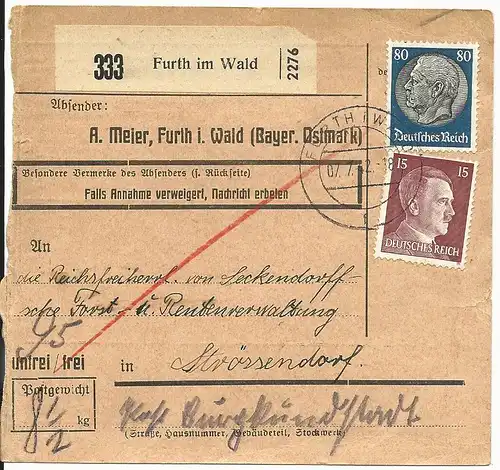 DR 1942, 80+15 Pf. auf Paketkarte v. Furth im Wald n. Strössendorf.