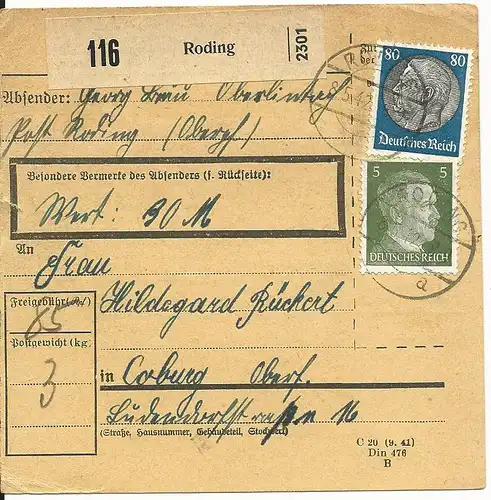 DR 1942, 80+5 Pf. auf Wert-Paketkarte v. RODING.