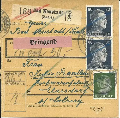 DR 1942, Paar 80+5 Pf. auf DRINGEND Wert-Paketkarte v. Bad Neustadt Saale.