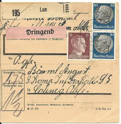 DR 1942, Paar 80+15 Pf. auf DRINGEND Paketkarte v. LAM an eine Militär Adresse.
