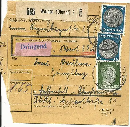 DR 1942, 2x80+5 Pf. auf DRINGEND Wert-Paketkarte v. WEIDEN.