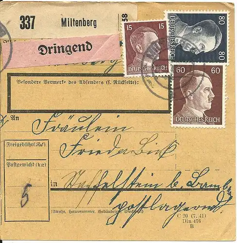 DR 1942, 80+60+15 Pf. auf Dringend Paketkarte v. Miltenberg.